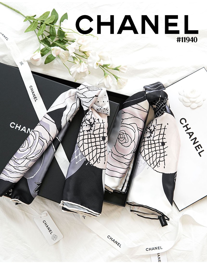 [CHANEL] 샤넬 까멜리아 CC로고 인 HAT 햇 스퀘어 실크 스카프